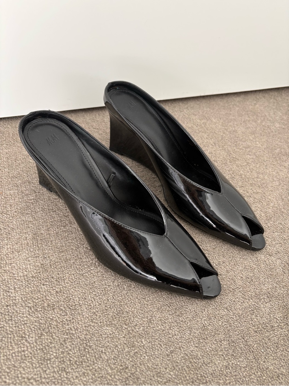 H&M Black Patent Leather Peep-Toe Mule Heels